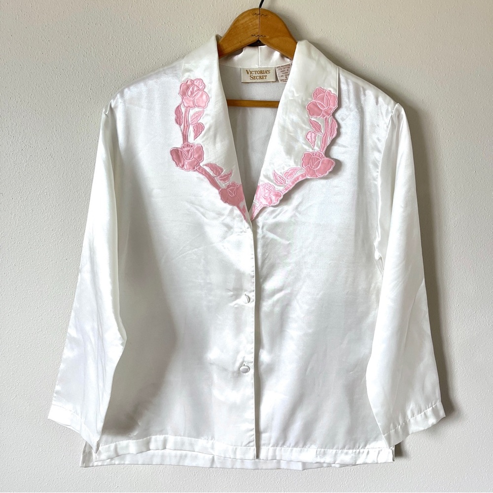 Vintage Victoria's Secret Satin White & Pink Long Sleeve Pajama Top w/ Roses